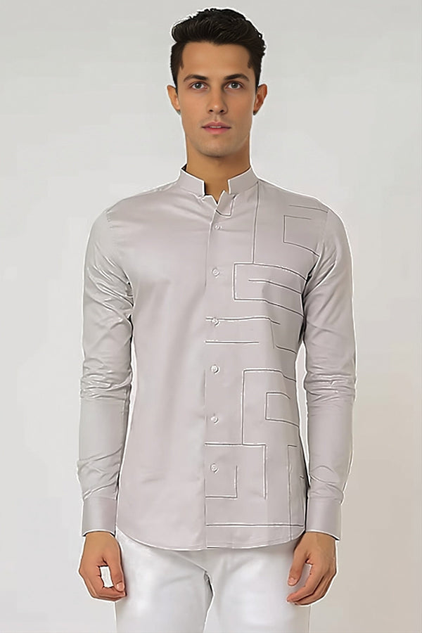 Embroidered Mandarin Collar Cotton Formal Shirt