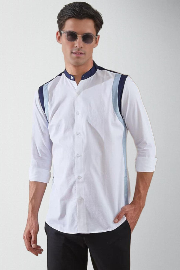 Colourblocked Band Collar Cotton Formal Shirt