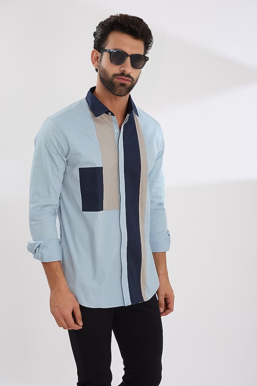 Colourblocked Spread Collar Cotton Casual Shirt