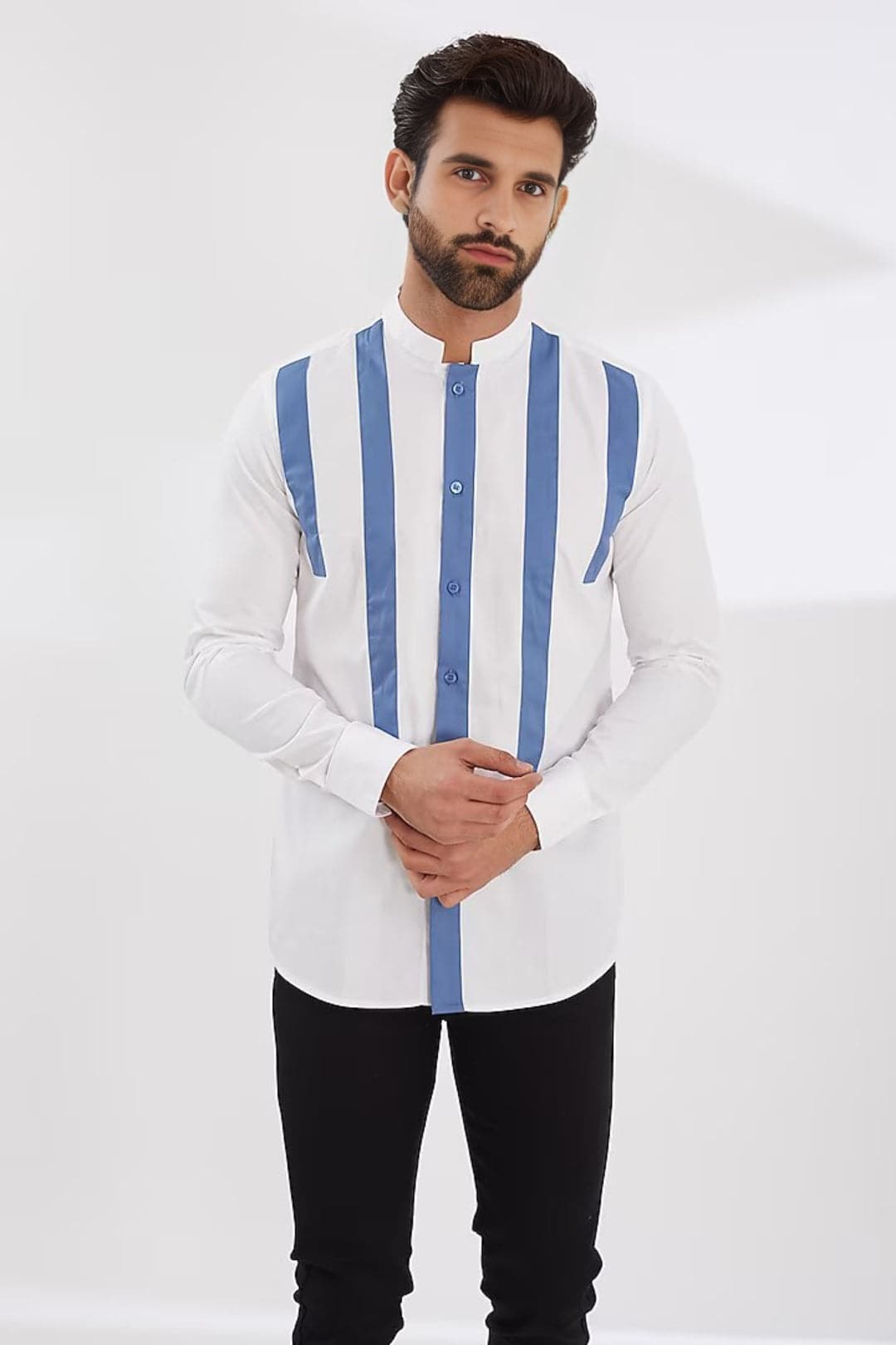 Colourblocked Mandarin Collar Cotton Casual Shirt