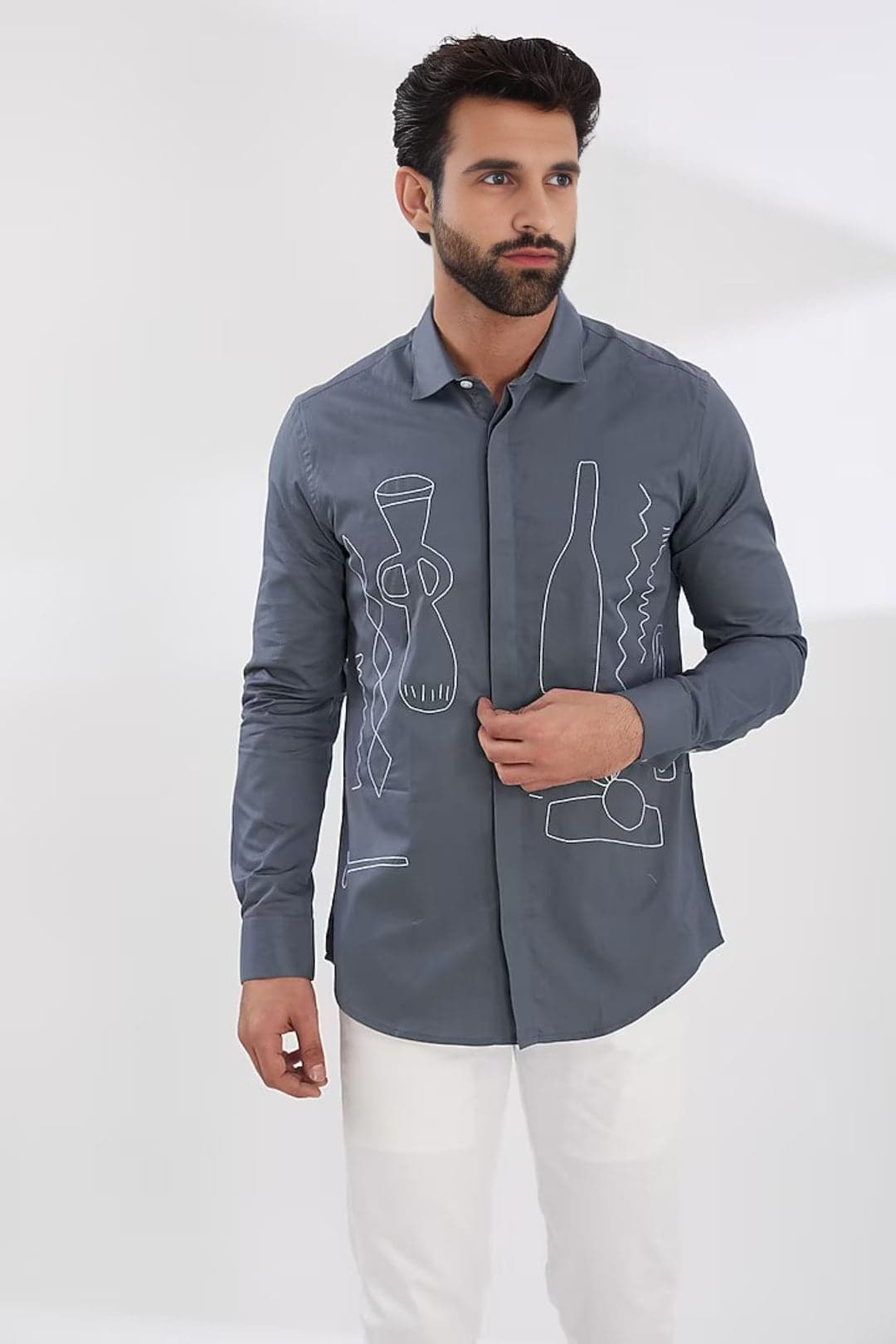 Embroidered Spread Collar Cotton Casual Shirt