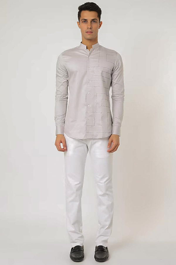 Embroidered Mandarin Collar Cotton Formal Shirt