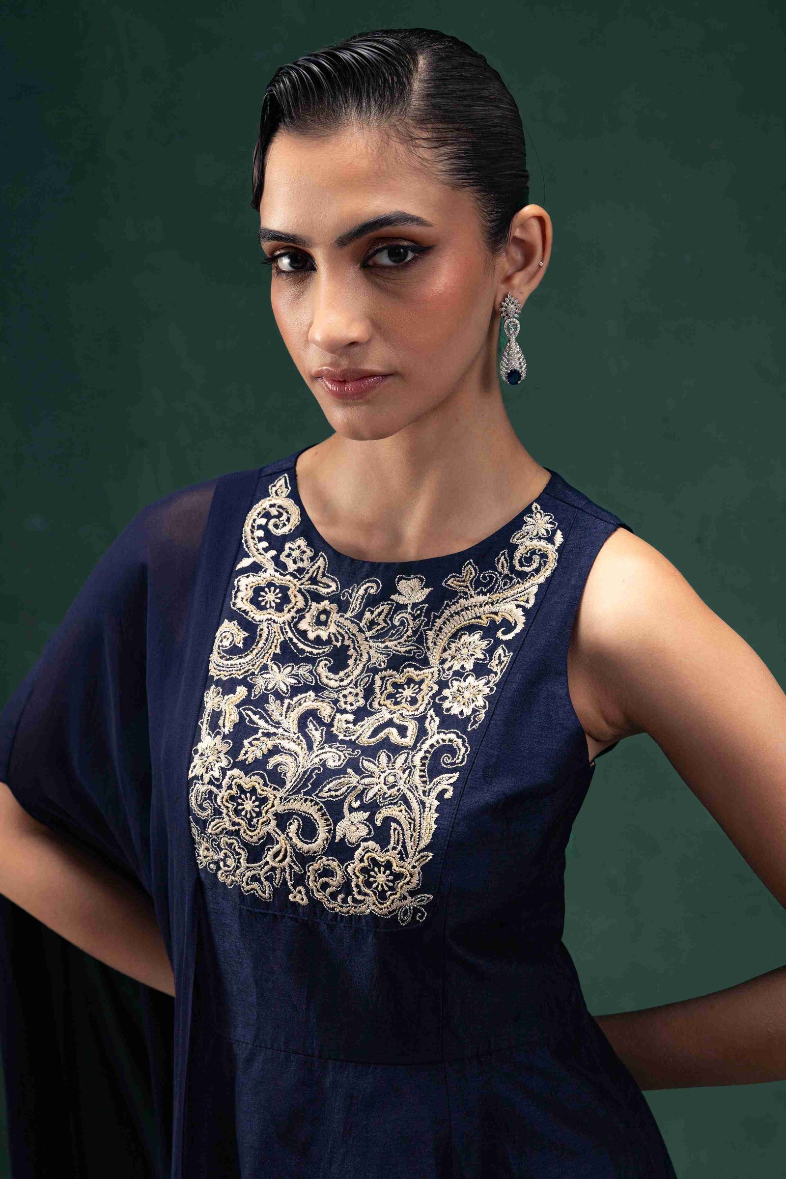 Raw Silk Top with Georgette Cape and Straight Palazzo Pants