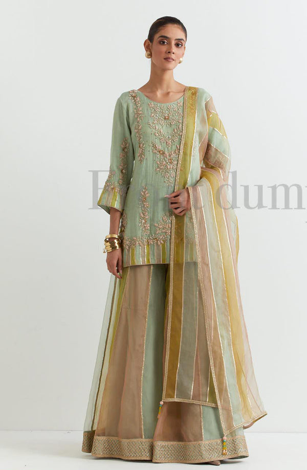 Tissue chanderi zardozi embroidered kurti paired with printed and embriodered panelled sharara pants and dupatta