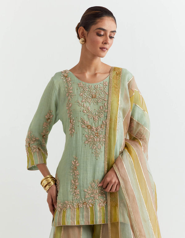 Tissue chanderi zardozi embroidered kurti paired with printed and embriodered panelled sharara pants and dupatta