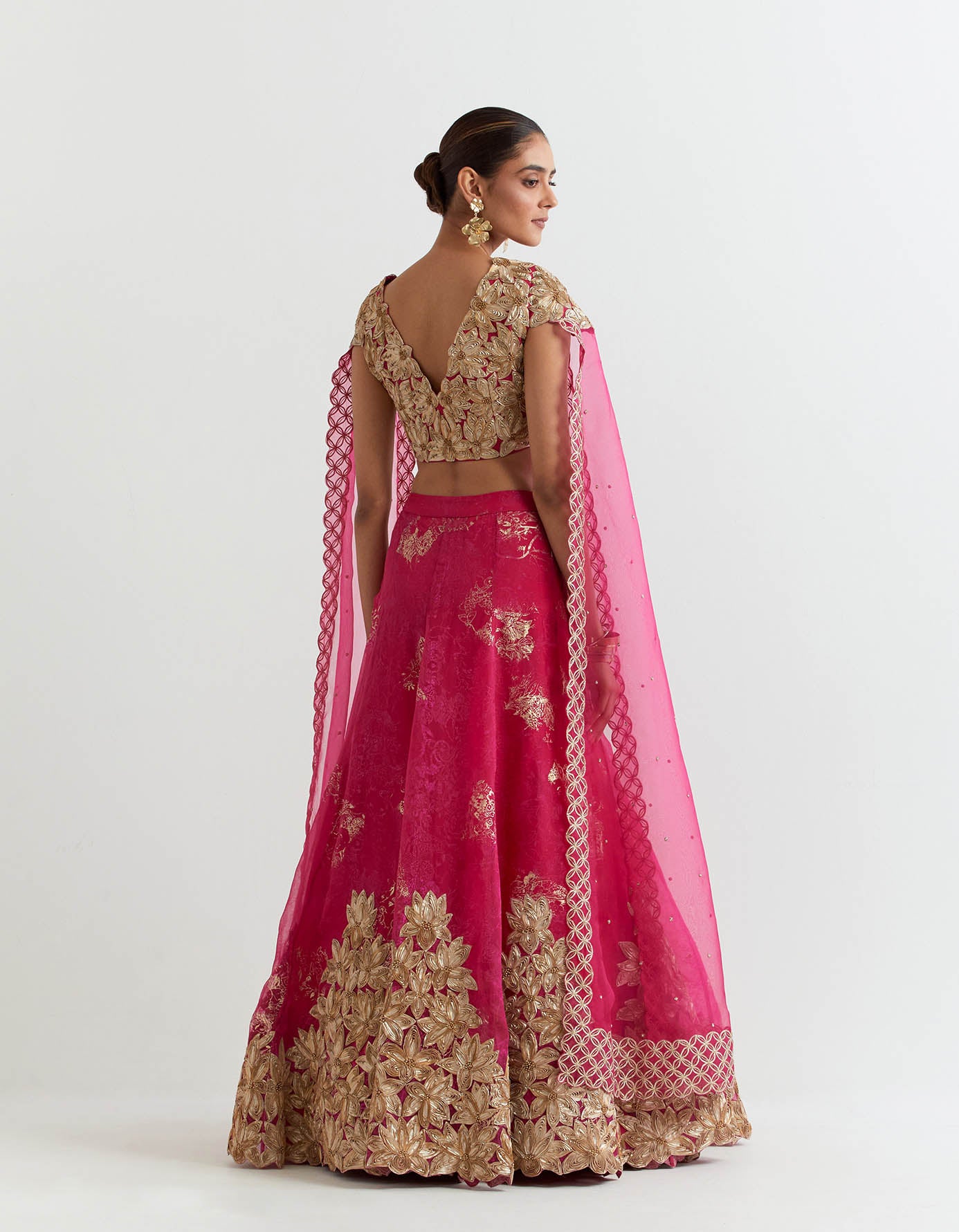 Rosa gota embroidered blouse with attached cape dupatta paired with organza silk gota embroidered skirt