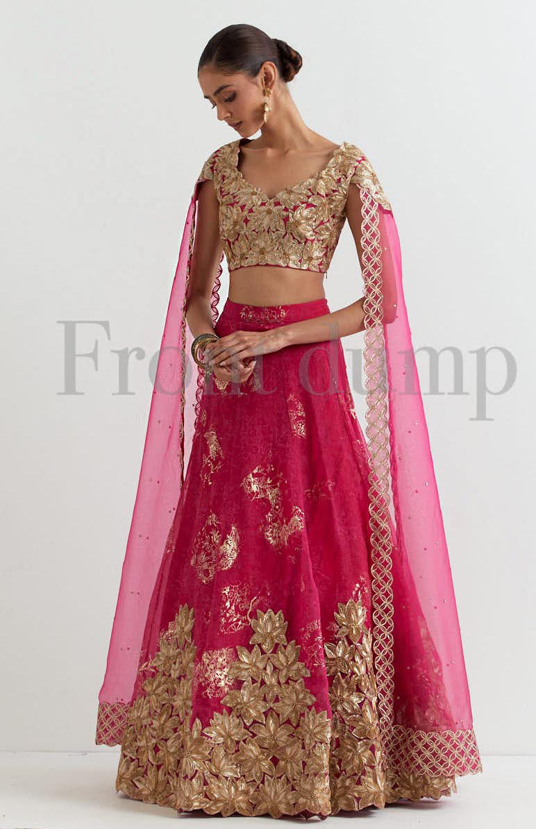 Rosa gota embroidered blouse with attached cape dupatta paired with organza silk gota embroidered skirt