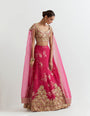 Rosa gota embroidered blouse with attached cape dupatta paired with organza silk gota embroidered skirt