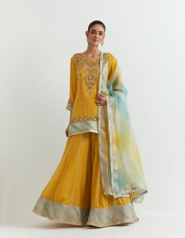 Yellow organza hand embroidered kurti paired with muqaish georgette sharara and organza shaded dupatta