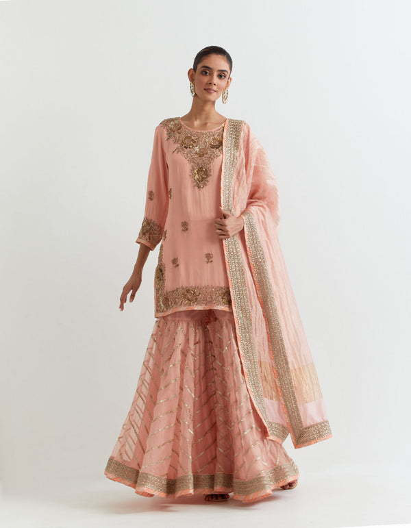 Peachy pink organza silk kurti in hand embroidery paired with chevron gota embroidered sharara and dupatta