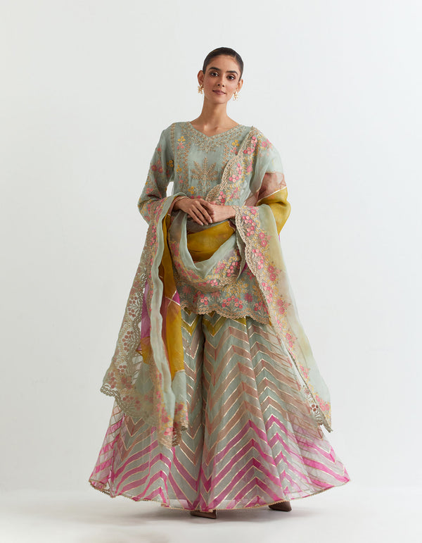 Resham embroidered organza kurti paired with chevron printed and embroidred sharara and dupatta in organza