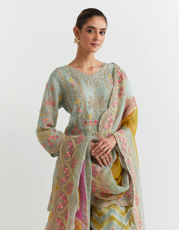 Resham embroidered organza kurti paired with chevron printed and embroidred sharara and dupatta in organza