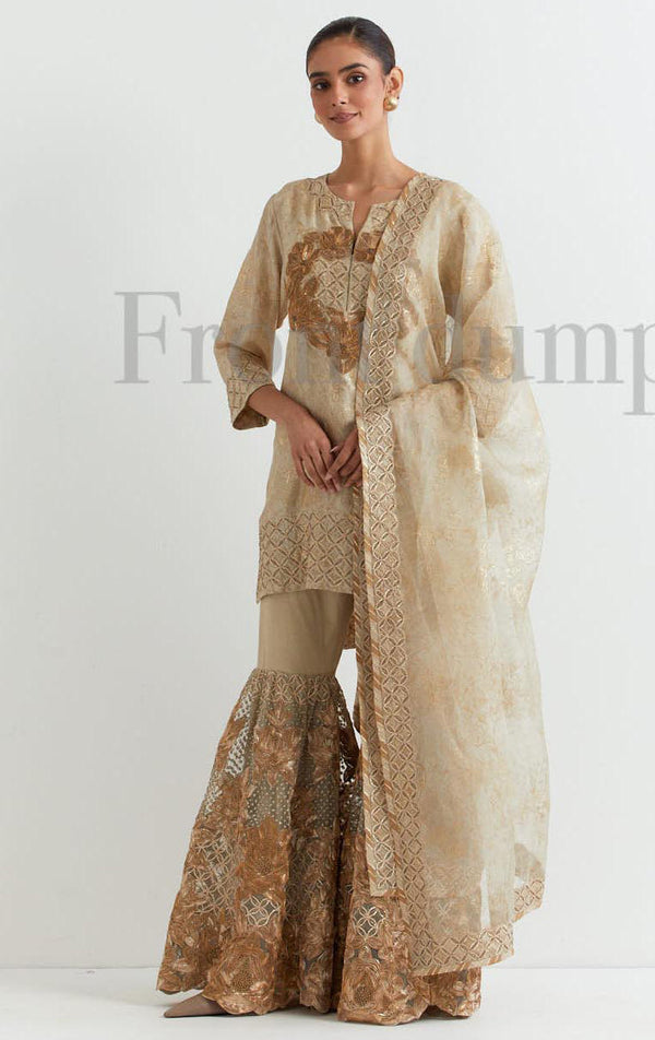 Silk gota work embroidered kurti paired with mesh embroidered garara and organza dupatta