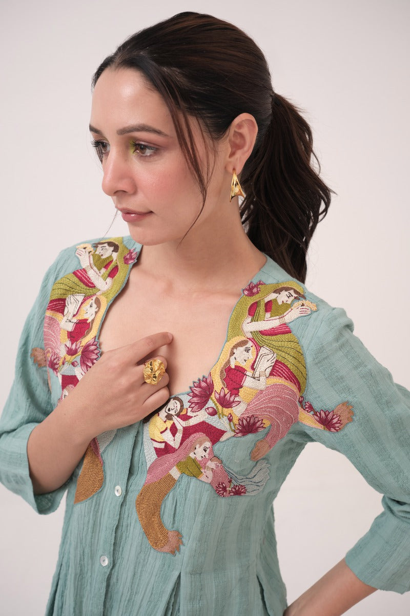 Hand-Embroidered Panelled Kurta Set
Teal