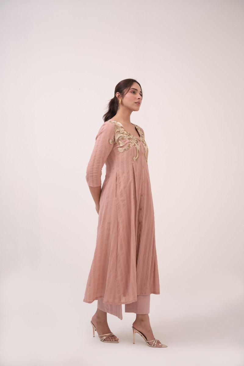 Hand-Embroidered Panelled Kurta Set Pastel Pink