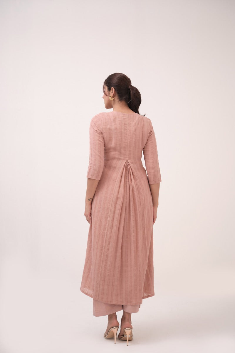 Hand-Embroidered Panelled Kurta Set Pastel Pink