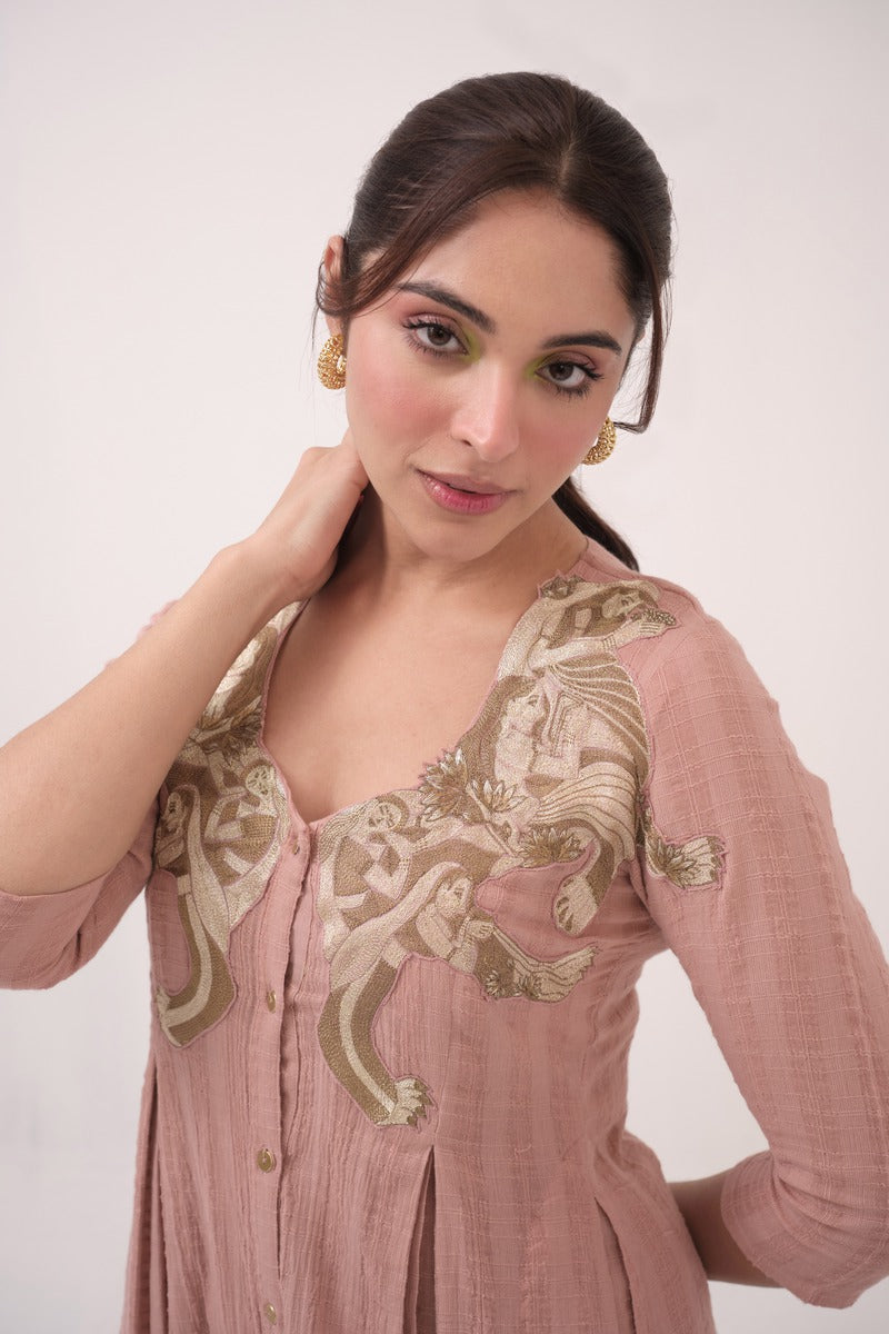 Hand-Embroidered Panelled Kurta Set Pastel Pink