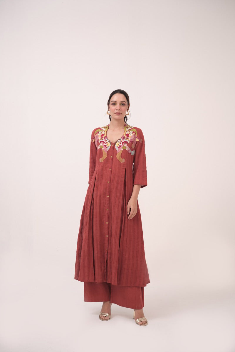 Hand-Embroidered Panelled Kurta Set
 Berry