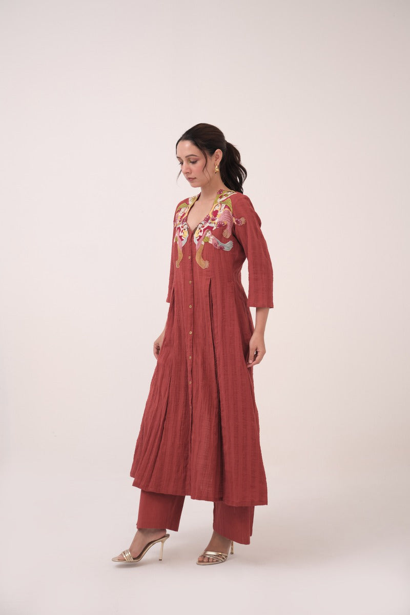 Hand-Embroidered Panelled Kurta Set
 Berry