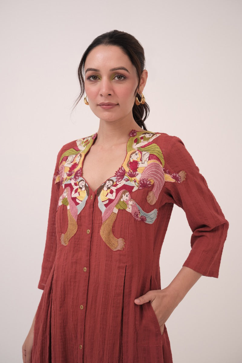 Hand-Embroidered Panelled Kurta Set
 Berry