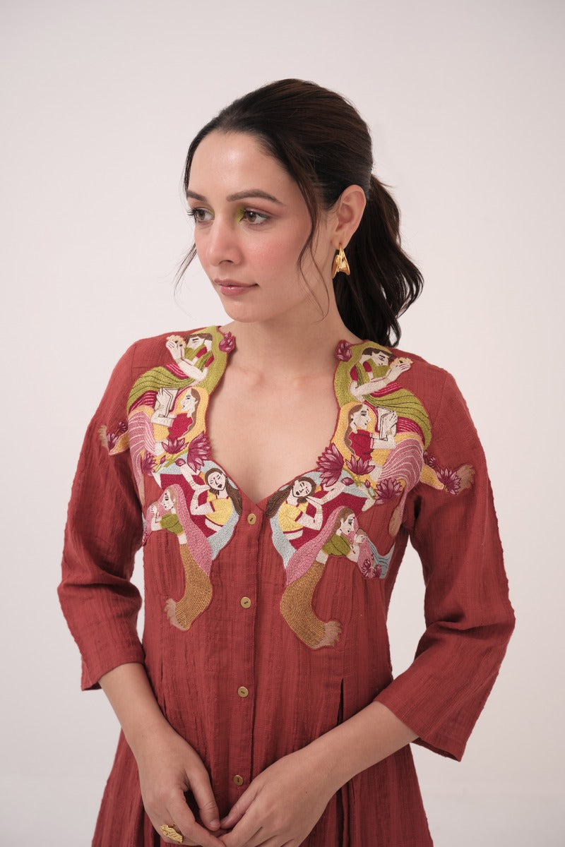 Hand-Embroidered Panelled Kurta Set
 Berry