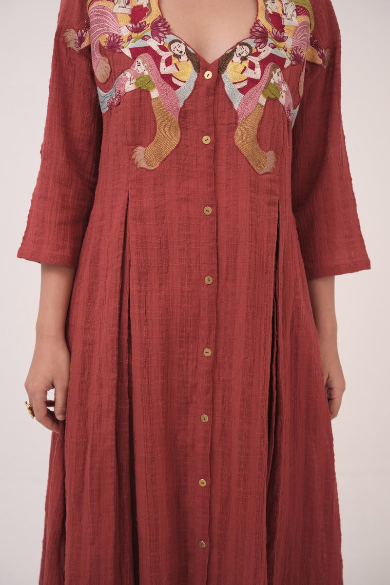 Hand-Embroidered Panelled Kurta Set
 Berry