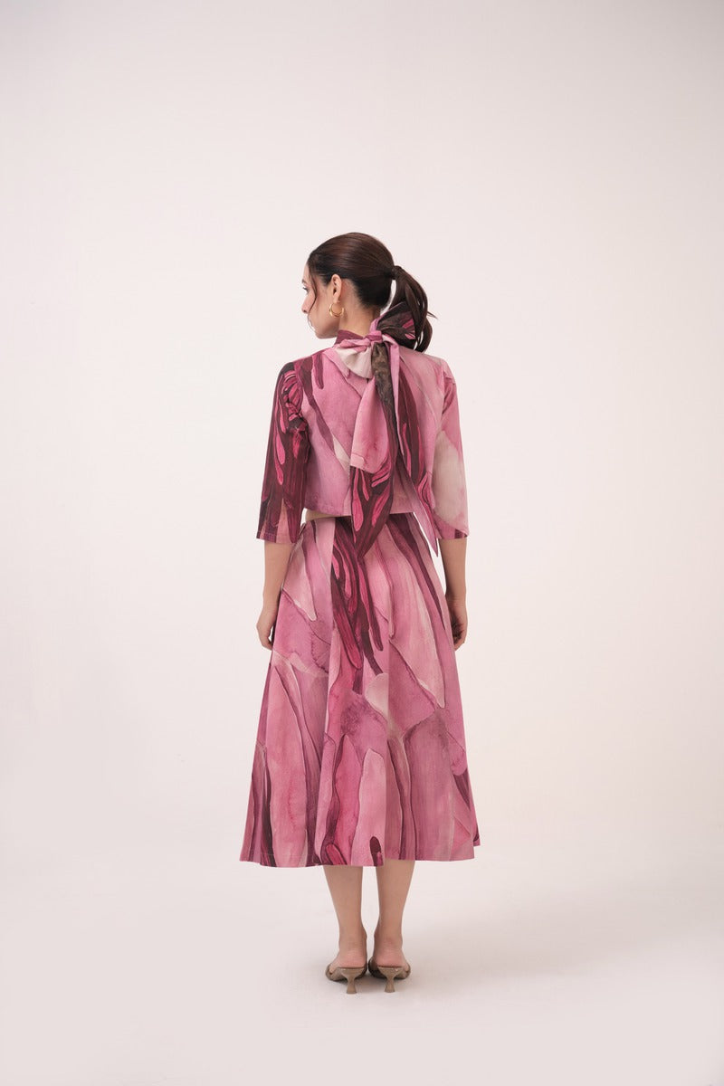 Watercolour Lotus Print Bow Tie Top & Wrap Around Skirt Mulberry Pink