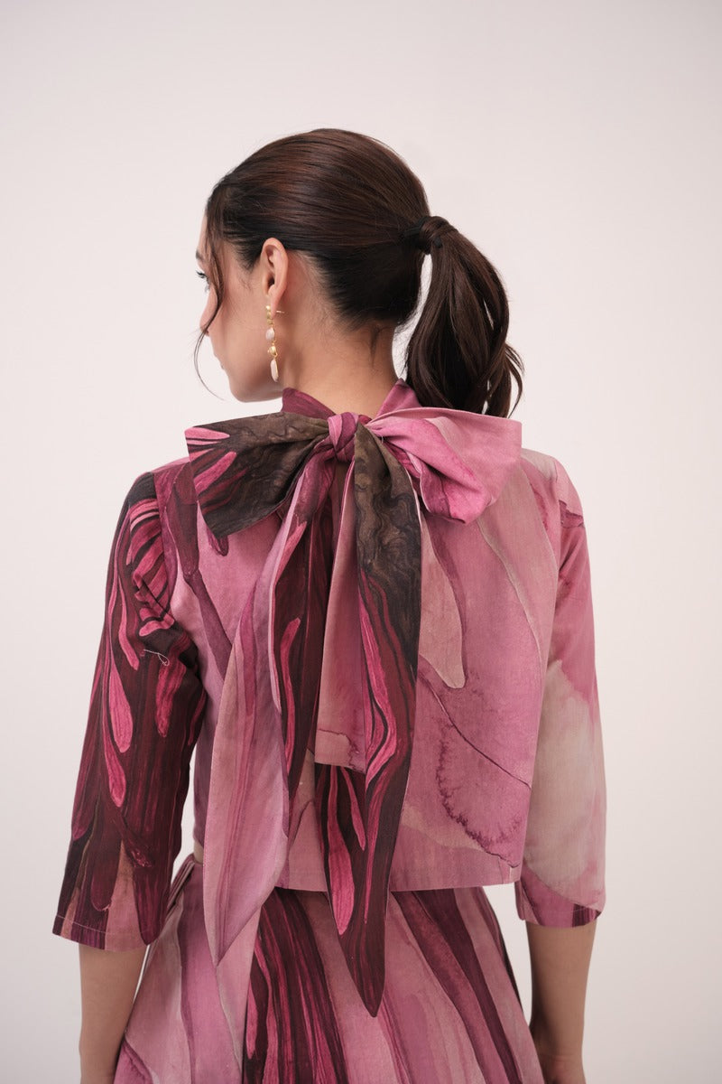 Watercolour Lotus Print Bow Tie Top & Wrap Around Skirt Mulberry Pink