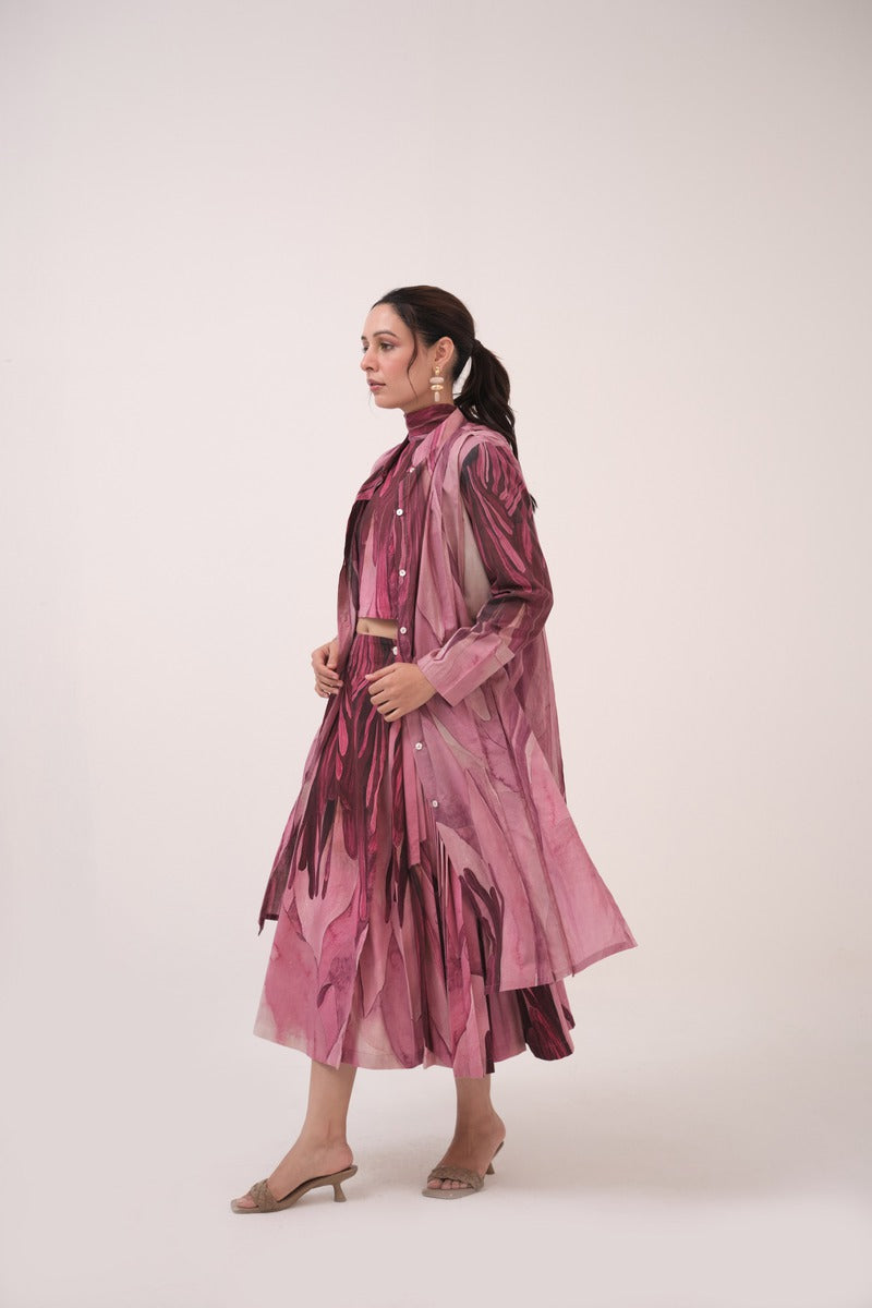 Watercolour Lotus Print Pleated Jacket Mulberry Pink