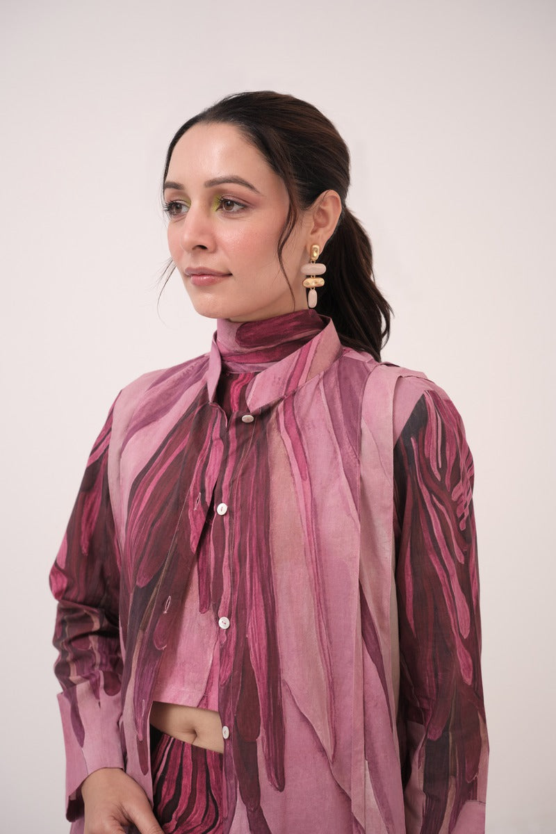 Watercolour Lotus Print Pleated Jacket Mulberry Pink