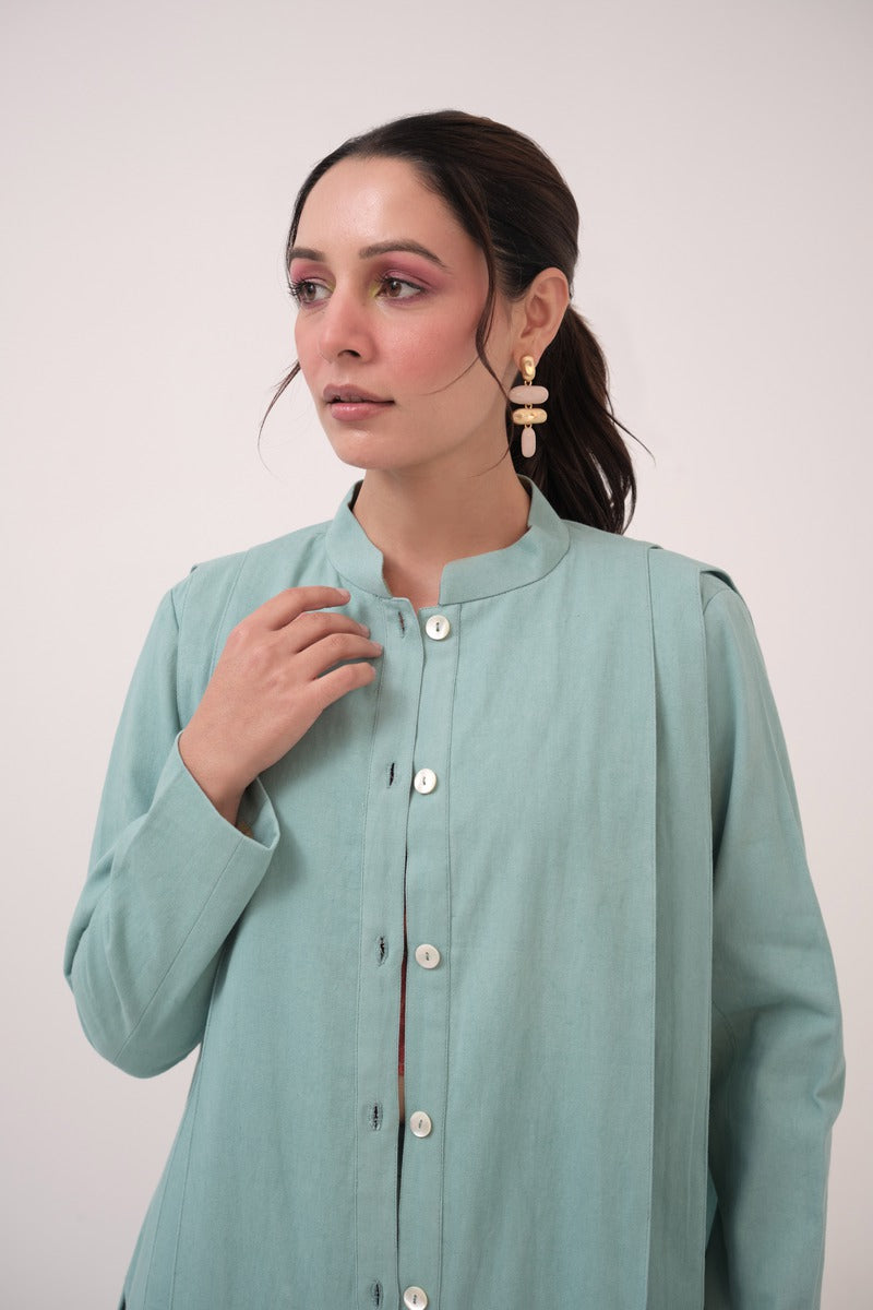 Pleated Denim Jacket Teal