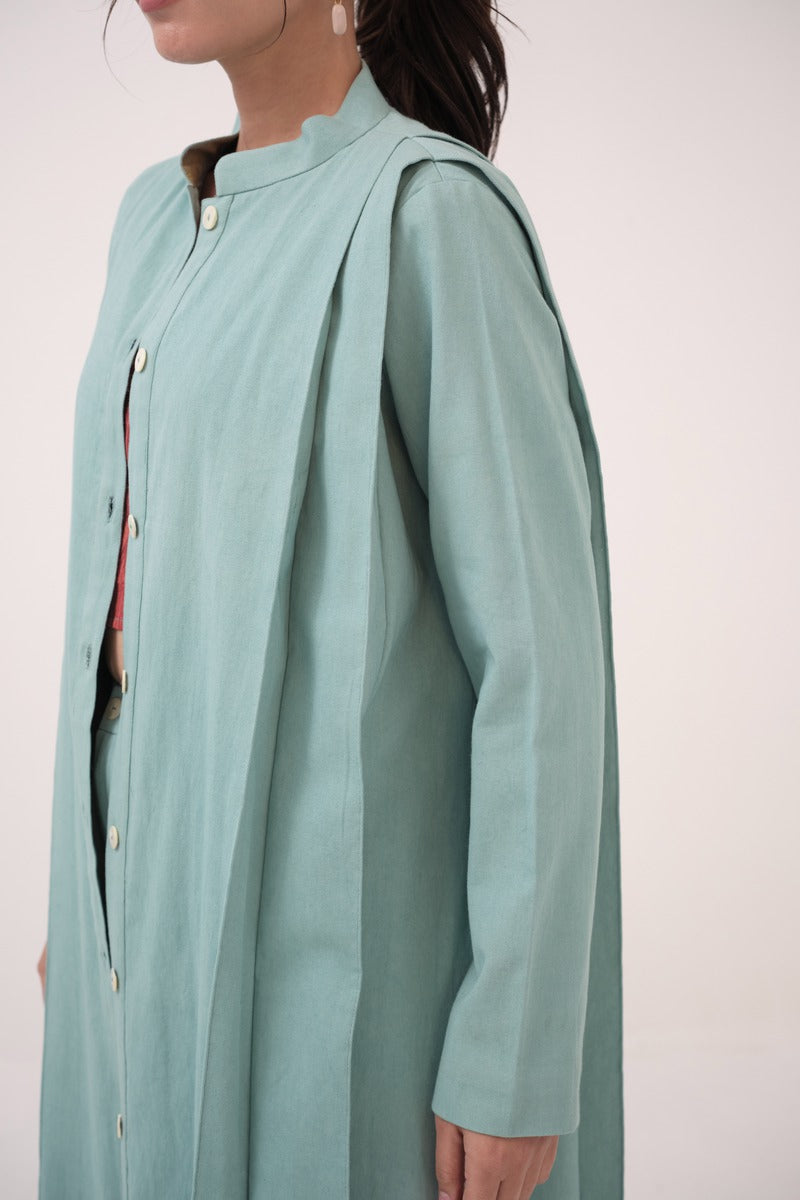 Pleated Denim Jacket Teal