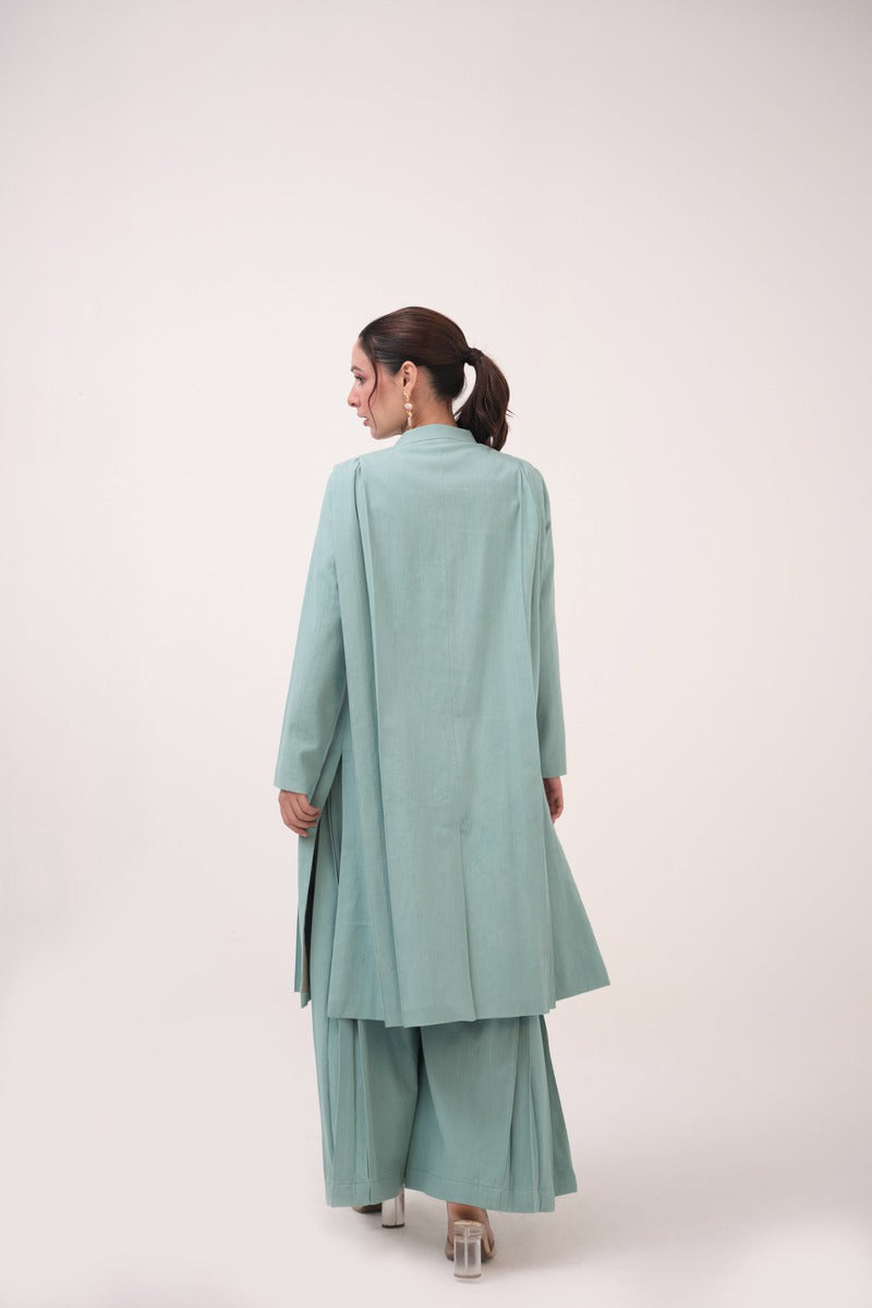 Pleated Denim Jacket Teal