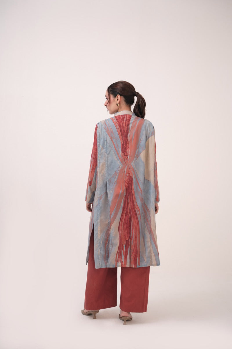 Watercolour Lotus Print Pleated Jacket  Teal