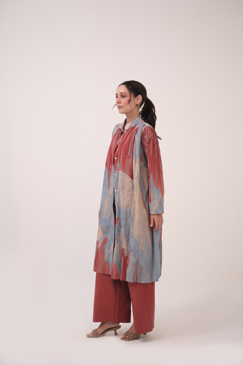 Watercolour Lotus Print Pleated Jacket  Teal