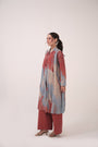 Watercolour Lotus Print Pleated Jacket  Teal