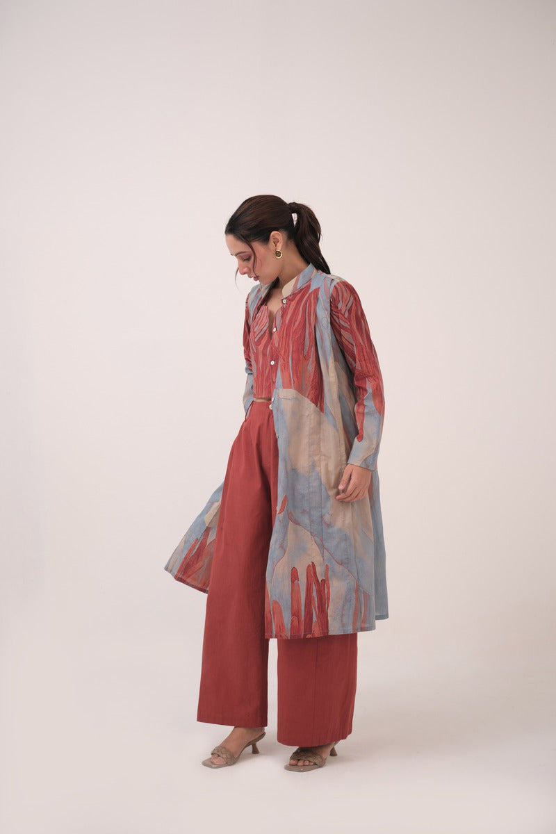 Watercolour Lotus Print Pleated Jacket  Teal