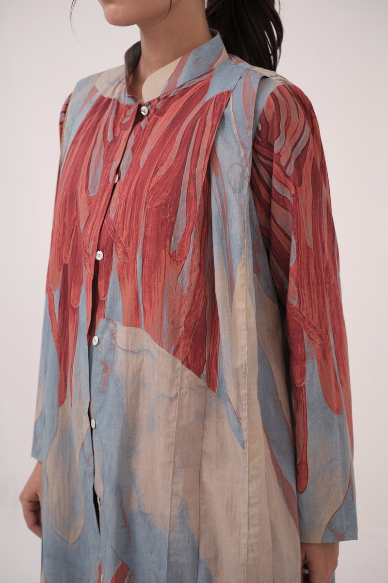 Watercolour Lotus Print Pleated Jacket  Teal
