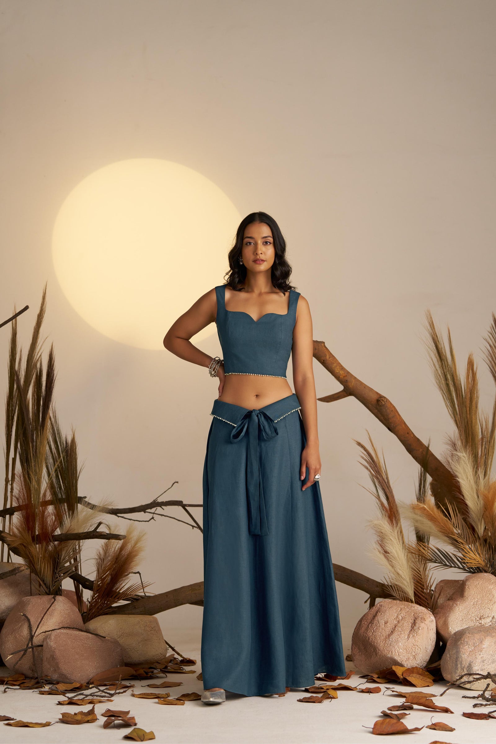 Flattering A-line Skirt, Featuring An Elegant Pearl Embellished Highlight At The Waist