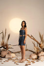 A Trendy Midnight Blue Crop Top With Contrasting White Stitch Detailing