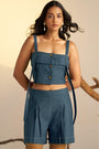 A Trendy Midnight Blue Crop Top With Contrasting White Stitch Detailing