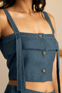 A Trendy Midnight Blue Crop Top With Contrasting White Stitch Detailing