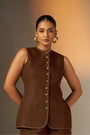 A Sophisticated Sepia-Toned Long Vest With A Closed Neck
