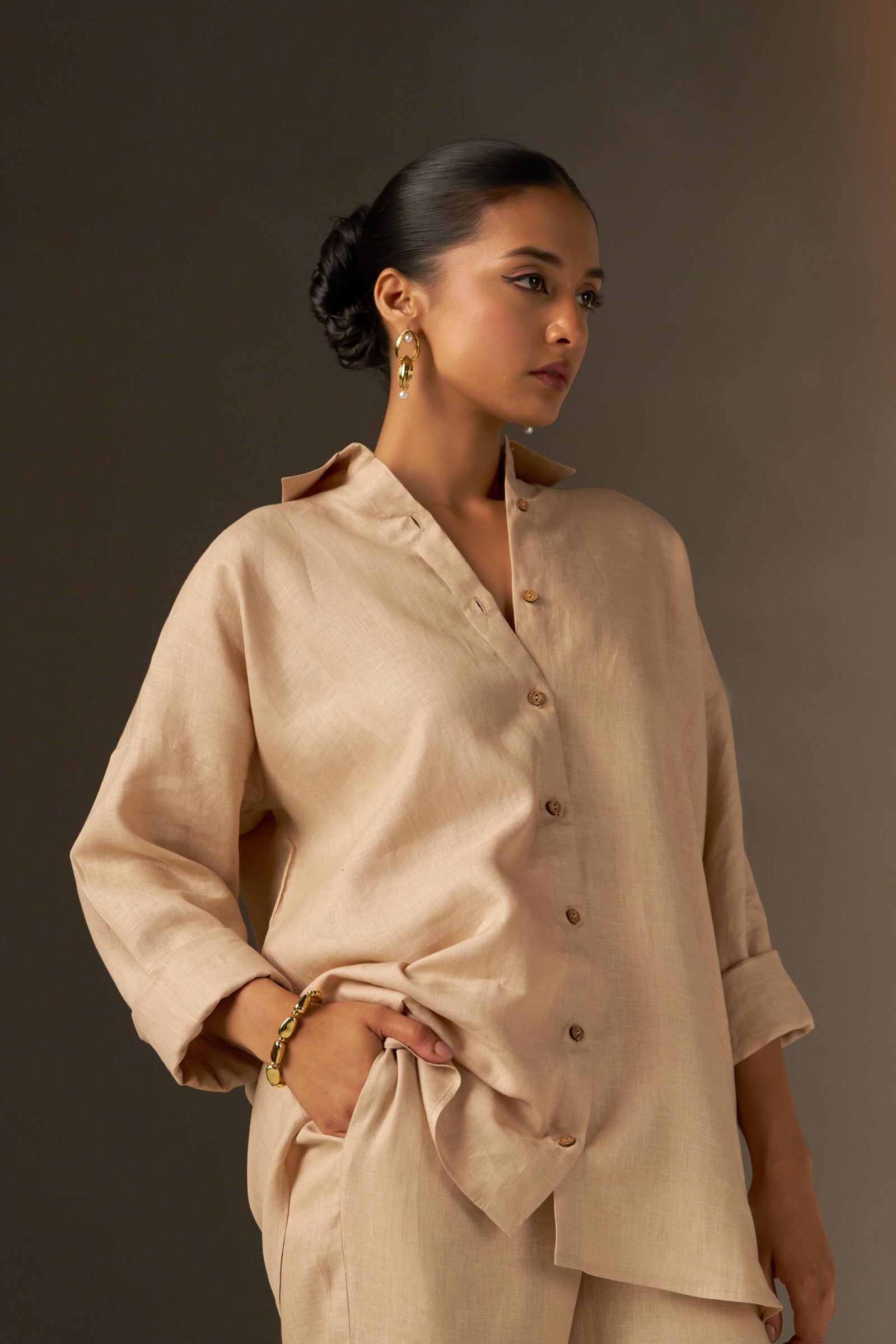 A Drop Shoulder Shirt In A Soft Cosmic Latte Tone