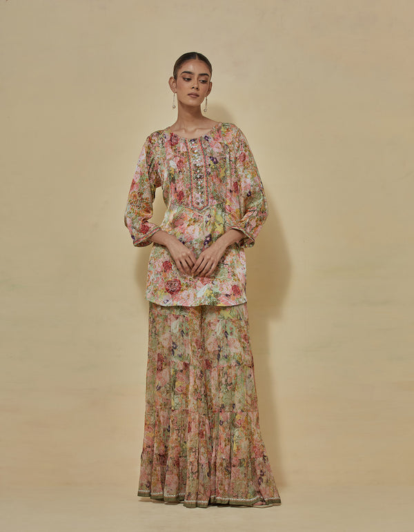 Printed kurti top paired with printed sharara