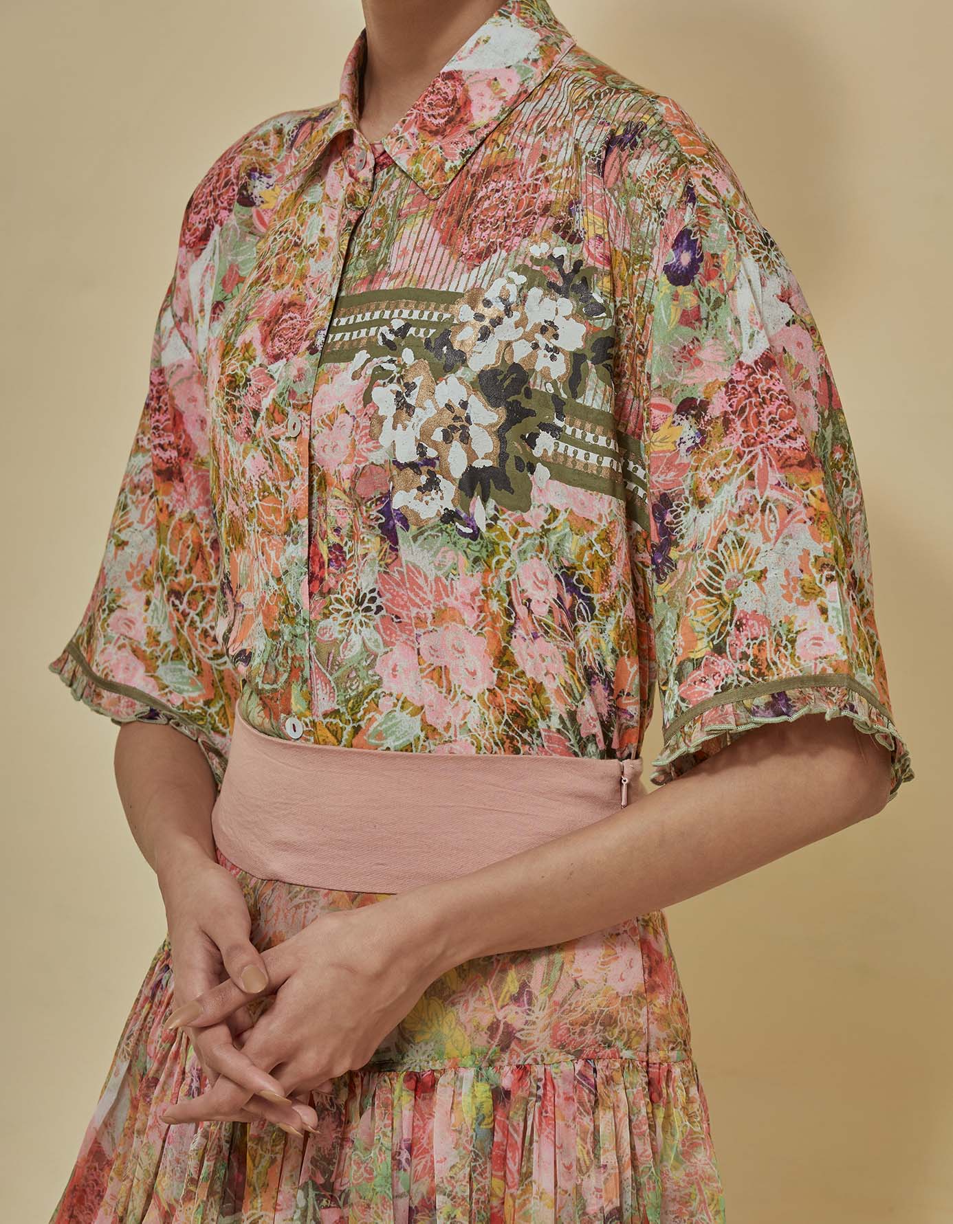 Printed shirt paired with organza printed skirt with stretch waist band