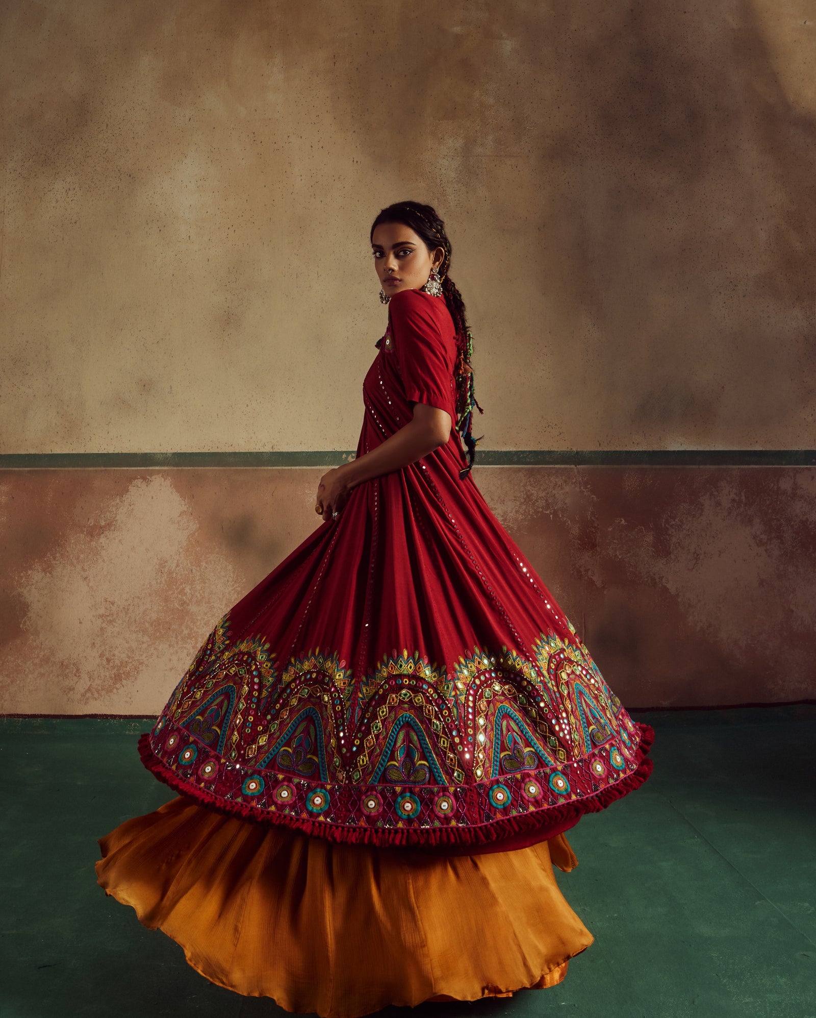 red short choli anarkali with lehenga set