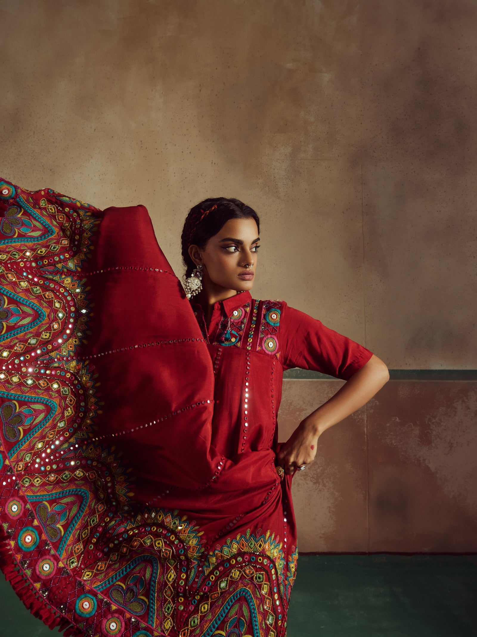 red short choli anarkali with lehenga set