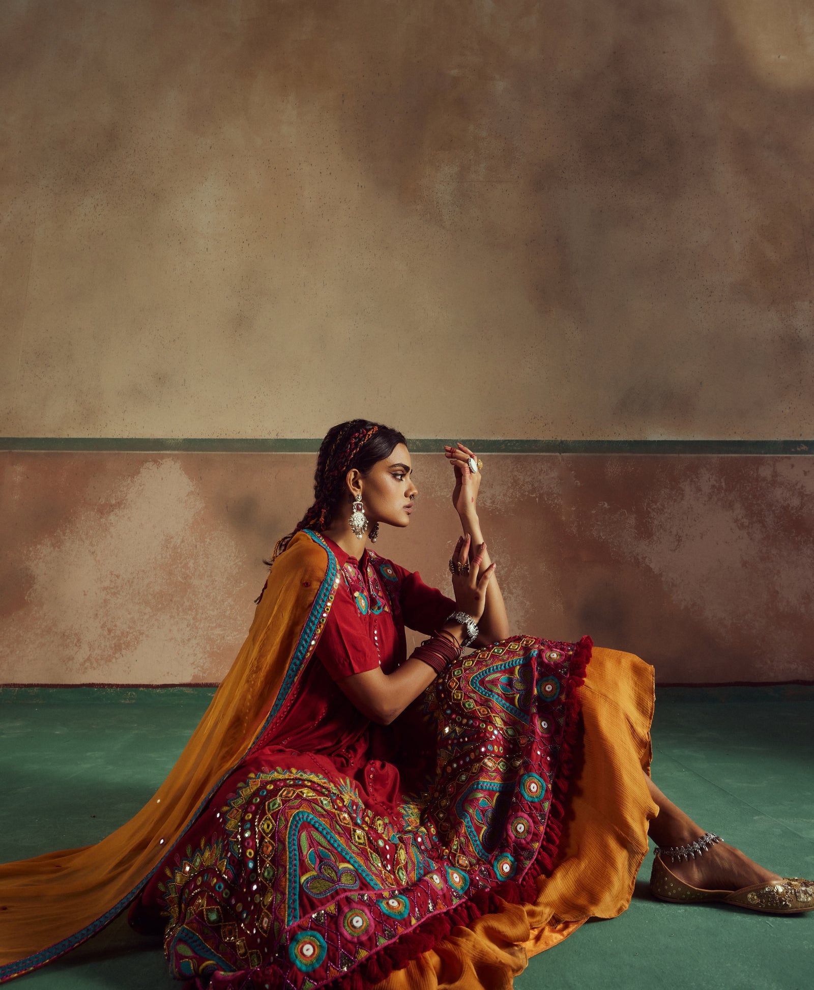 red short choli anarkali with lehenga set