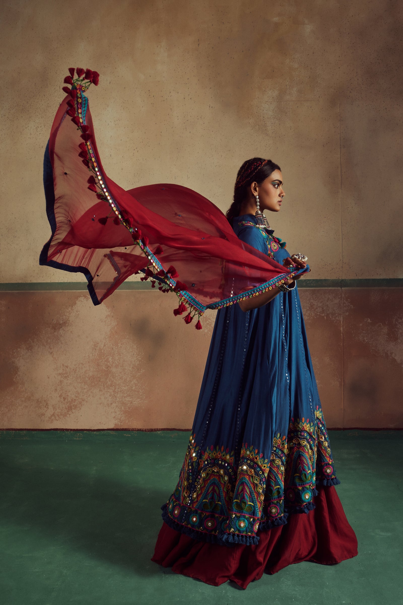 blue  short choli anarkali with lehenga set